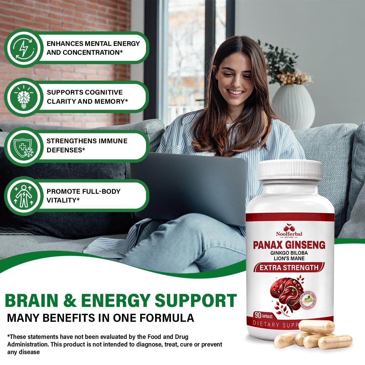 NooHerbal Nature Ginseng Panax 750mg capsules with a glass of water