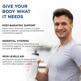 NOON VITAMINS Multivitamines Bariatriques gélules liquides à côté d'un verre d'eau