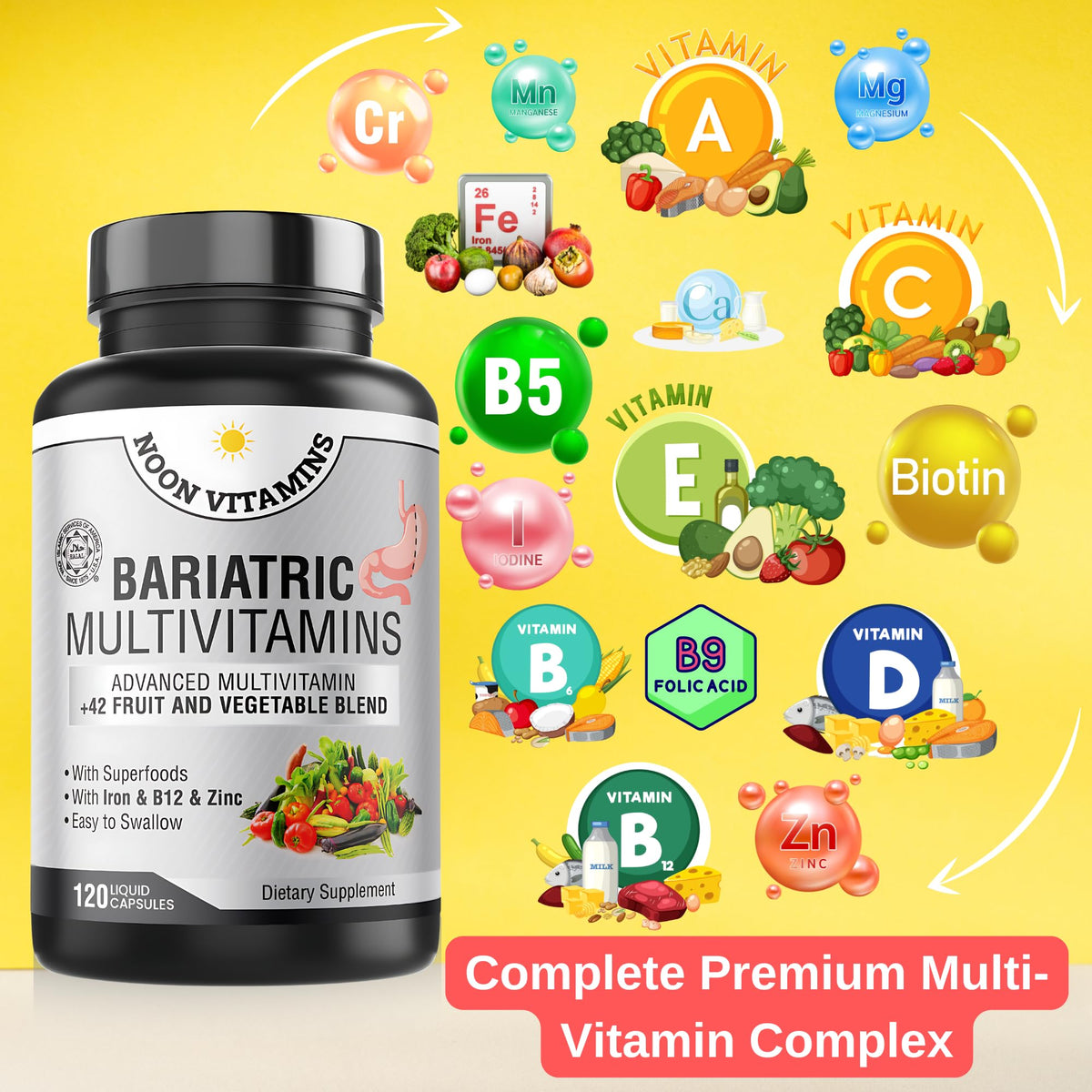 NOON VITAMINS Multivitamines Bariatriques gélules liquides avec étiquette détaillée