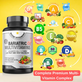 NOON VITAMINS Multivitamines Bariatriques gélules liquides avec étiquette détaillée