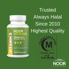 Noor Vitamins Vitamine D3 1000 IU avec des ingrédients naturels en arrière-plan