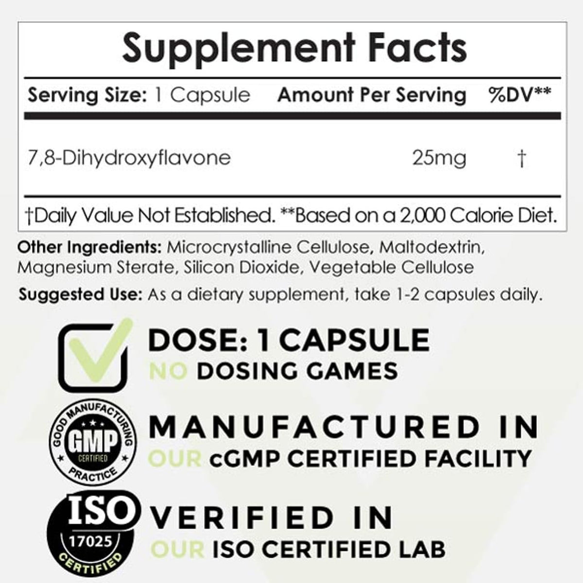 Nootropics Depot 7,8-Dihydroxyflavone capsules 25mg dosage