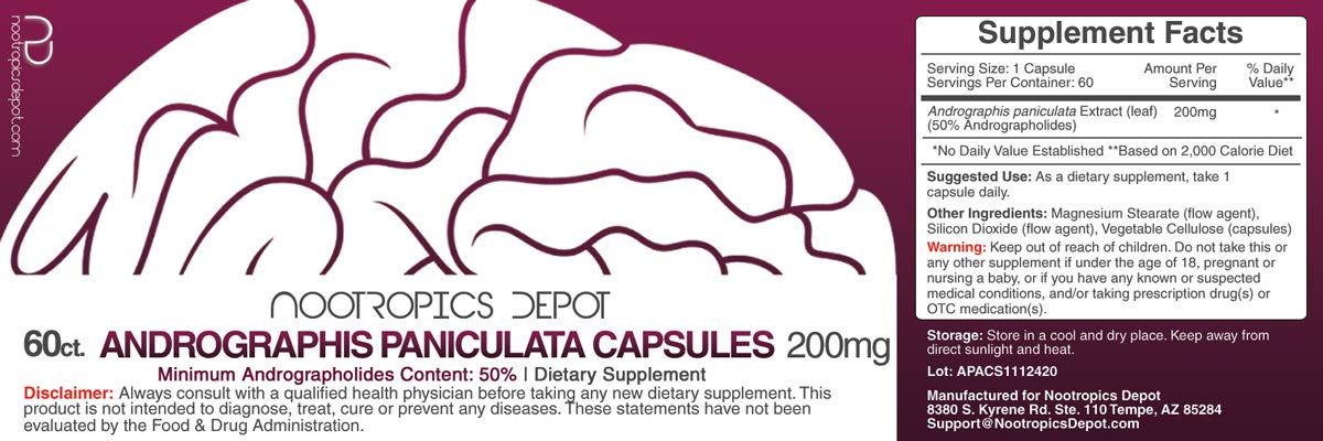 Nootropics Depot Andrographis Paniculata 200mg capsules side view