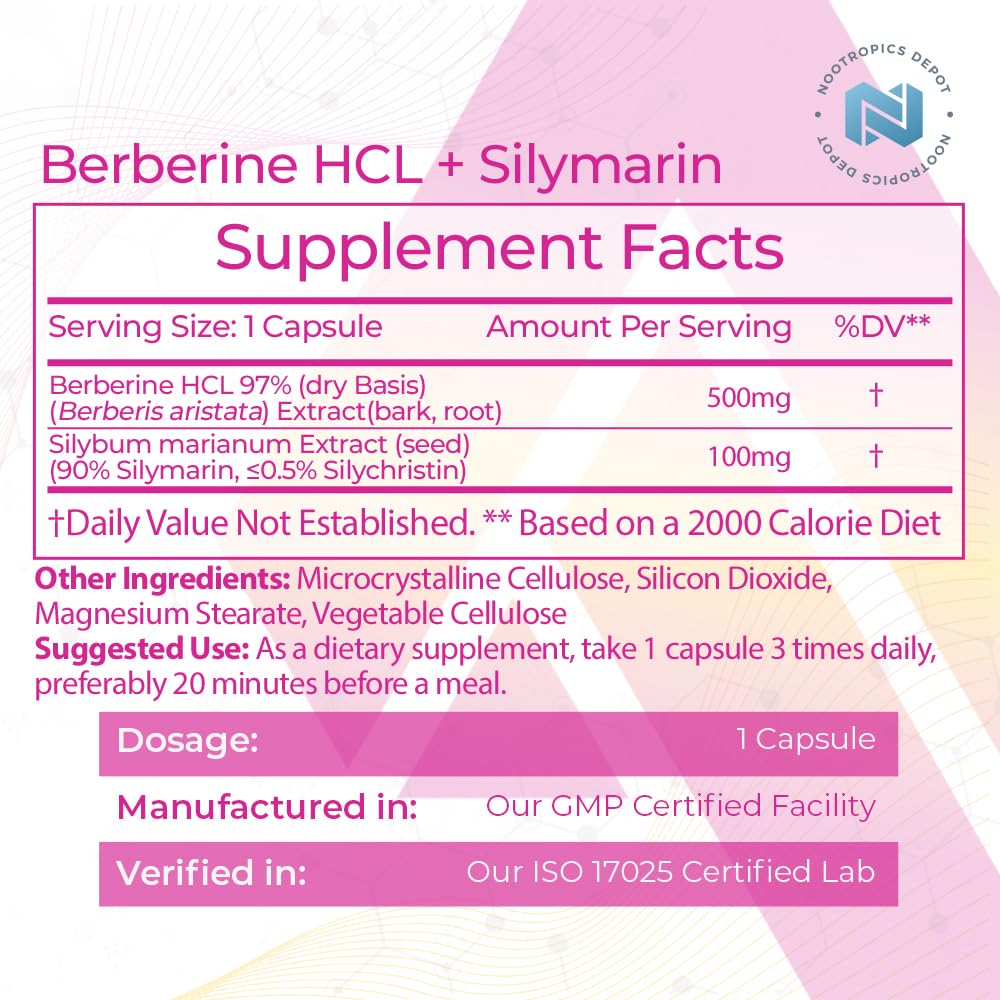 Nootropics Depot Capsules de Berbérine HCL et Silymarine flacon ouvert