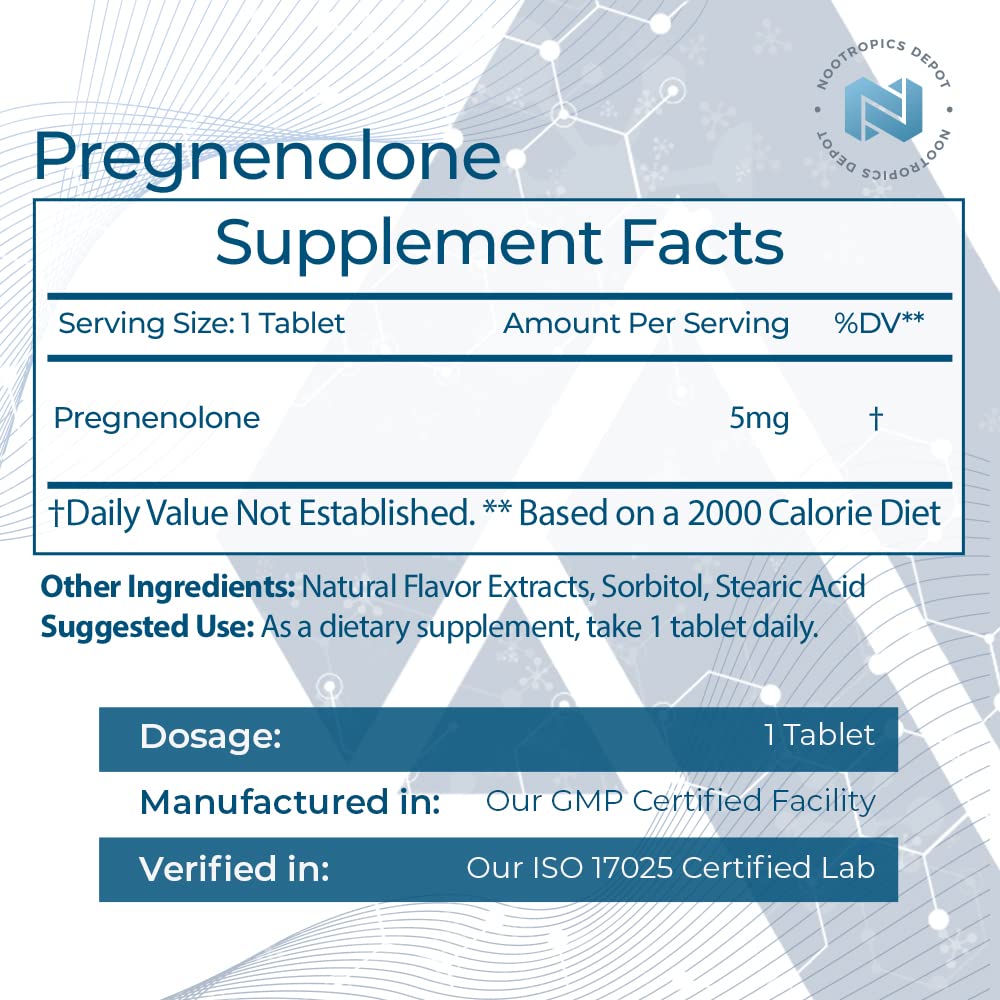 Nootropics Depot comprimés de pregnénolone 5mg, vue arrière de l'emballage