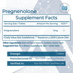 Nootropics Depot comprimés de pregnénolone 5mg, vue arrière de l'emballage