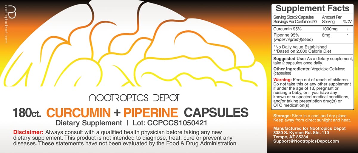 Nootropics Depot Curcuma + Pipérine 180 gélules sur fond blanc