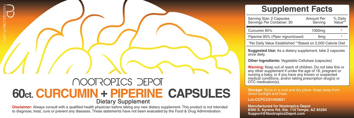 Nootropics Depot Curcumin + Piperine bottle with 60 capsules