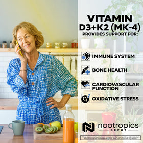 Nootropics Depot D3 + K2 60 comprimés avec flacon ouvert