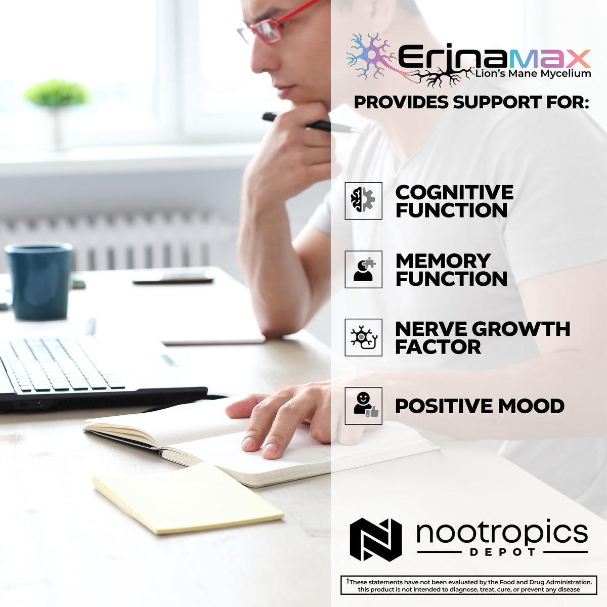 Nootropics Depot Erinamax Lion's Mane 500mg Capsules à côté d'un verre d'eau