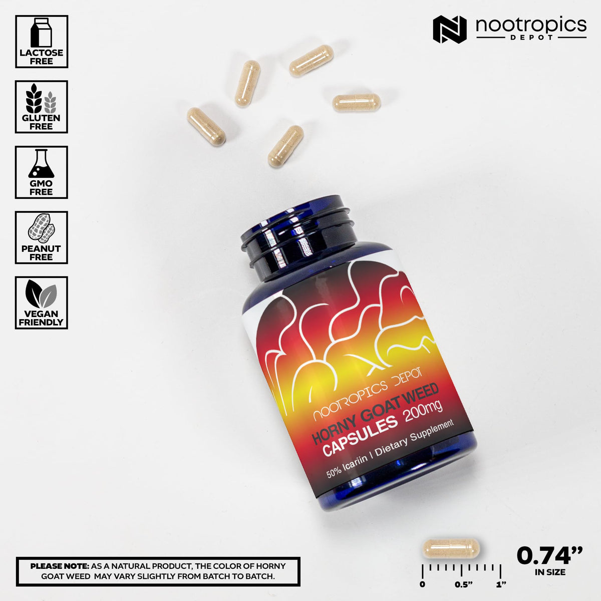 Nootropics Depot Horny Goat Weed Capsules 200mg avec une vue de près des capsules