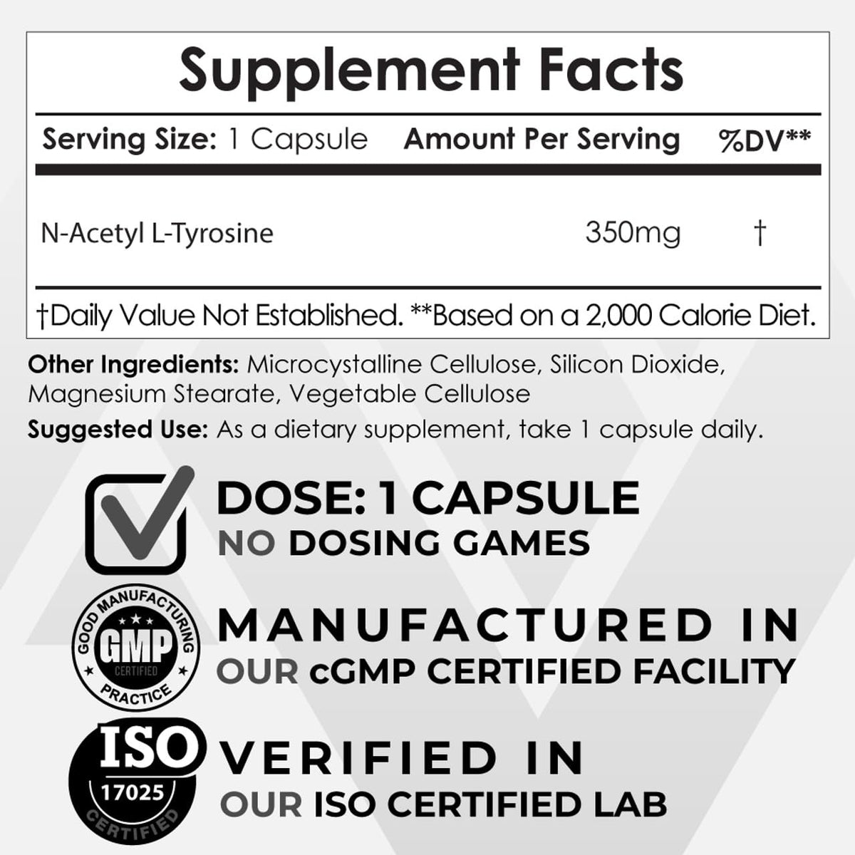 Nootropics Depot N-Acetyl L-Tyrosine 350mg capsules side view