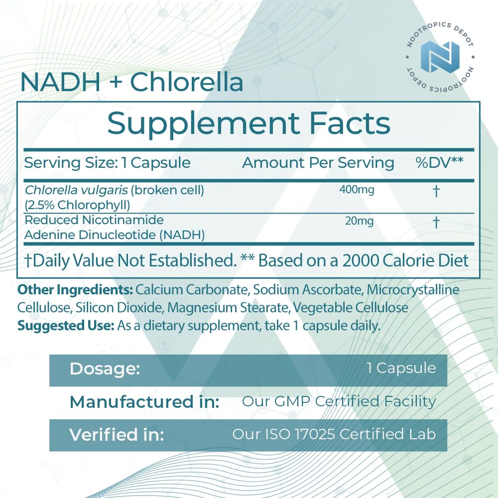 Nootropics Depot NADH + Chlorella Vulgaris 400mg capsules back view