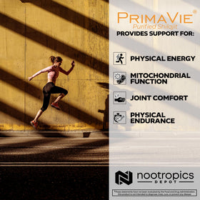 Nootropics Depot PrimaVie Shilajit Capsules 250mg avec étiquette détaillée