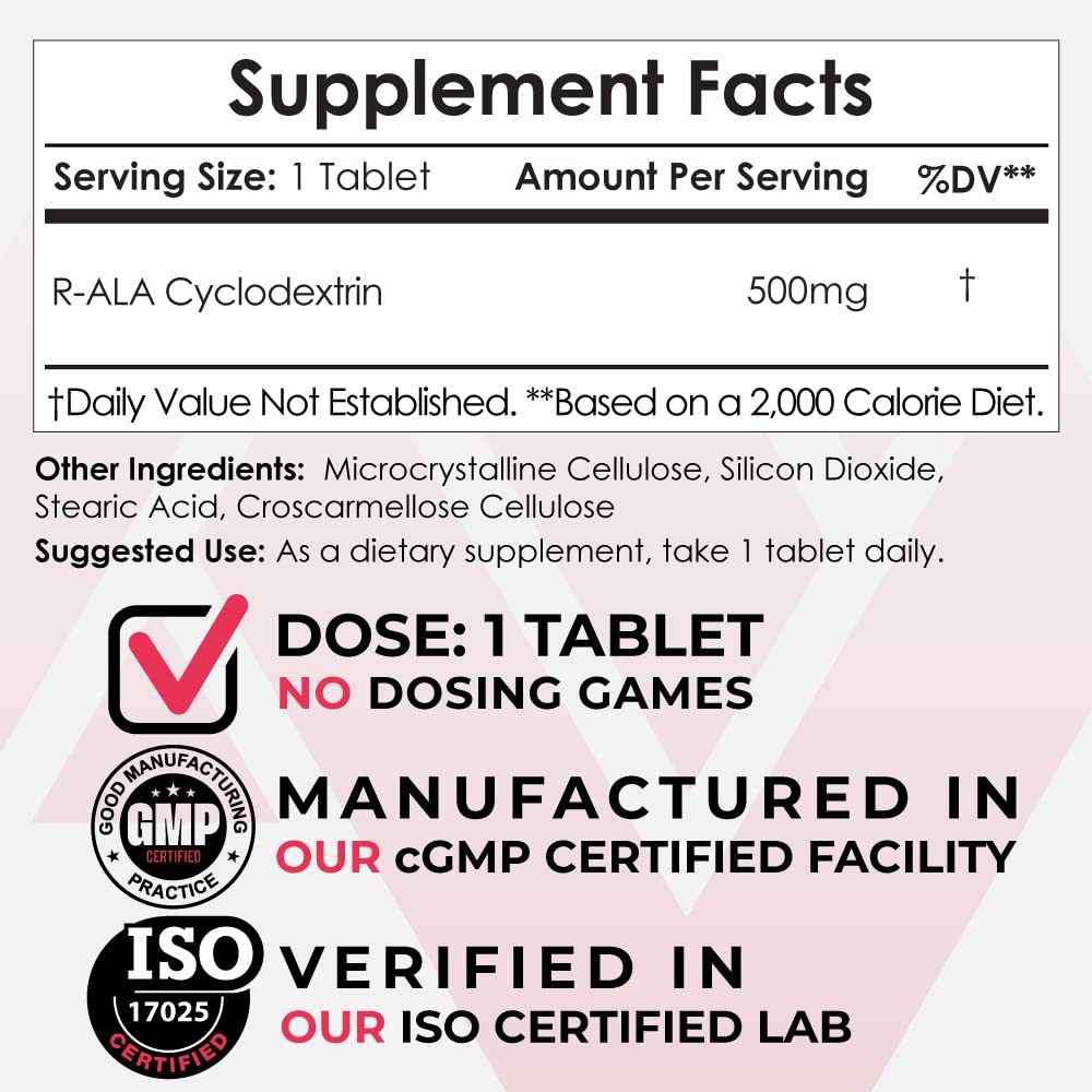 Nootropics Depot R-ALA Cyclodextrin Complex Capsules 500mg side view
