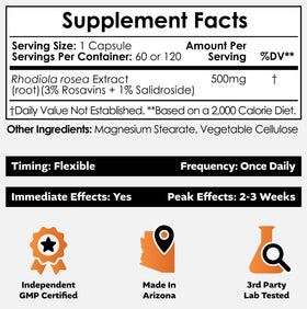 Nootropics Depot Rhodiola Rosea 500mg capsules side view