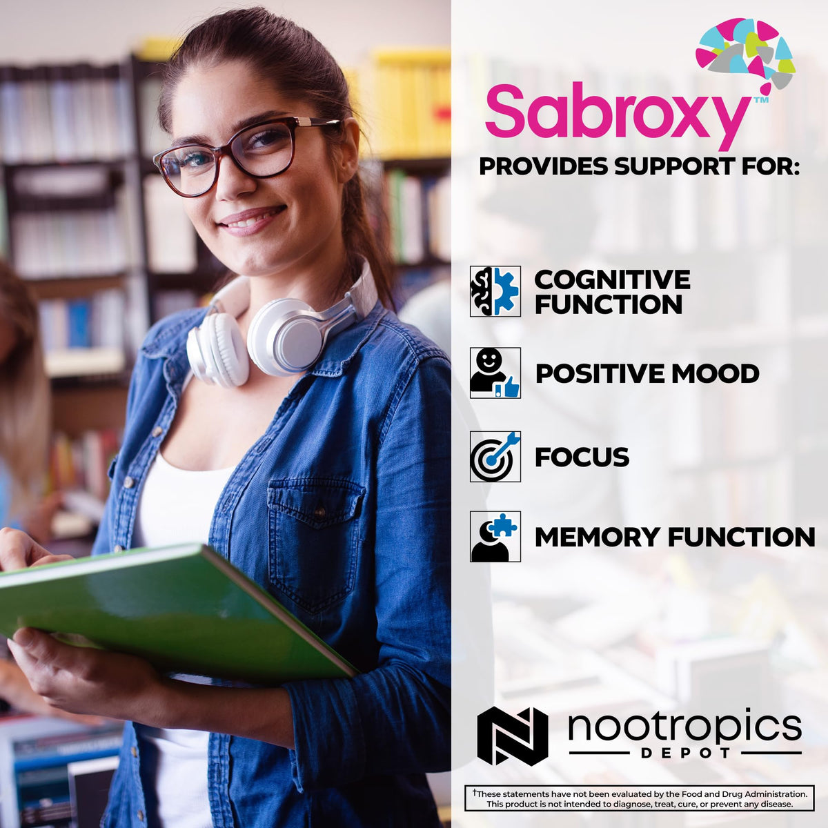 Nootropics Depot Sabroxy® comprimés, prise de vue rapprochée