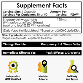 Nootropics Depot Shoden Ashwagandha extrait 120mg capsules vue arrière