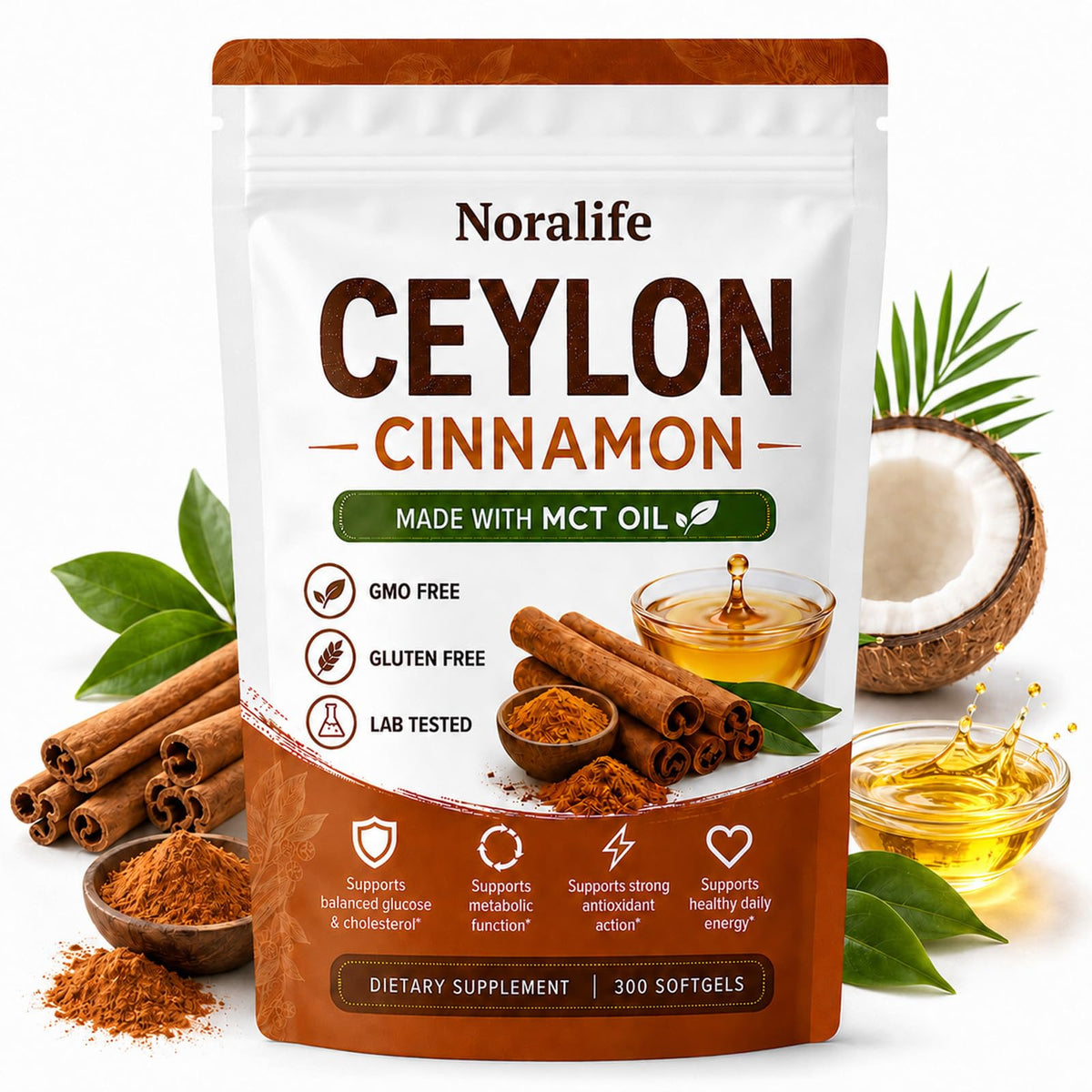 Noralife gélules de cannelle de Ceylan avec huile MCT, vue avant