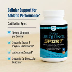 Nordic Naturals CoQ10 Ubiquinol Sport gélule ouverte montrant la taille