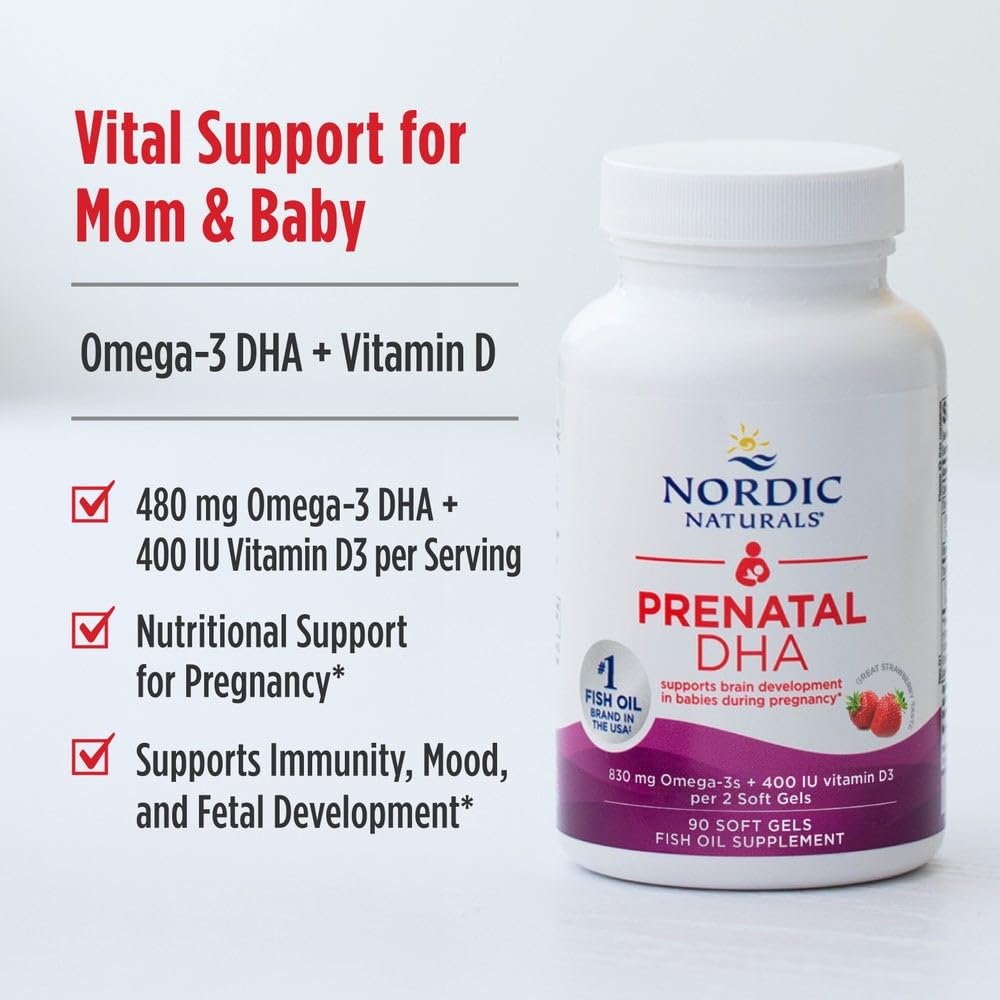 Nordic Naturals DHA Prénatal gélules fraise sur une table