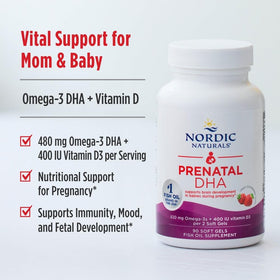 Nordic Naturals DHA Prénatal gélules fraise sur une table