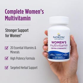Nordic Naturals Multivitamine Femme Extra Force, comprimés sur une surface