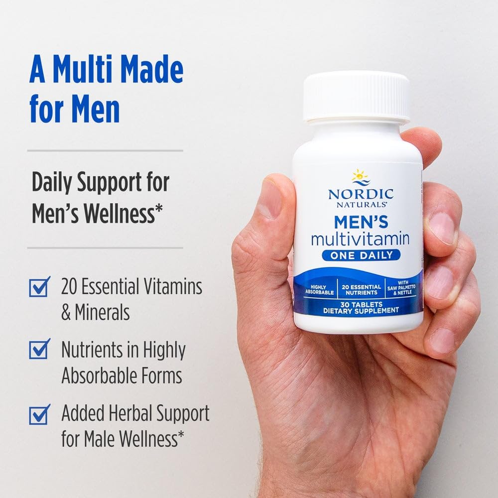 Nordic Naturals Multivitamine Homme Quotidien, comprimé unique sur une surface blanche
