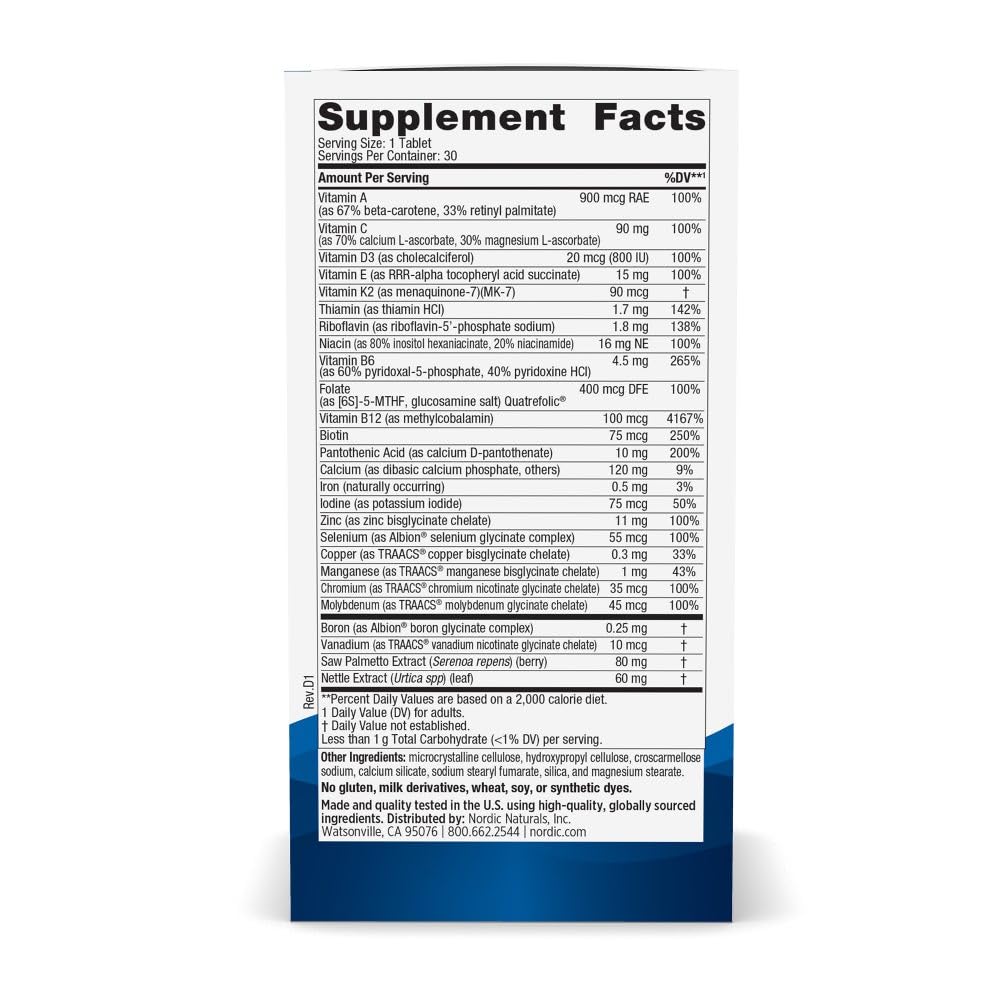 Nordic Naturals Multivitamine Homme Quotidien, emballage et informations nutritionnelles