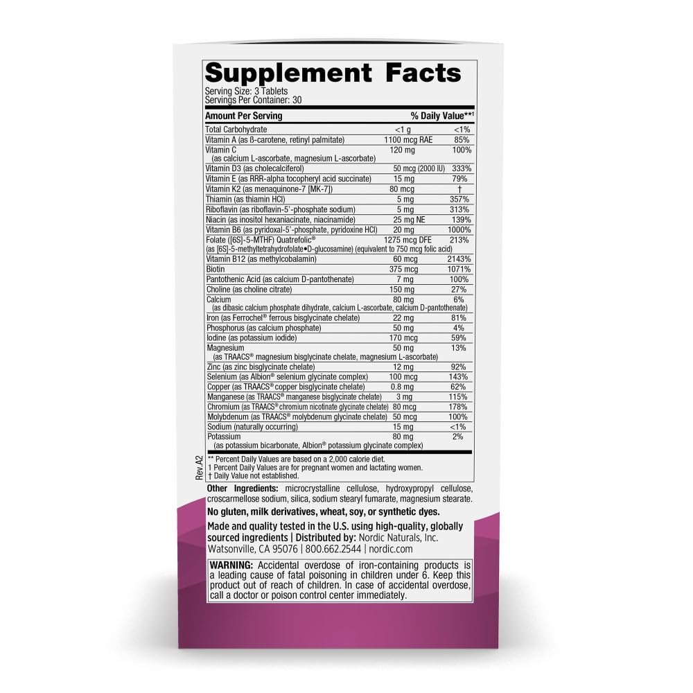 Nordic Naturals multivitamines prénatales mini comprimés, emballage et étiquette