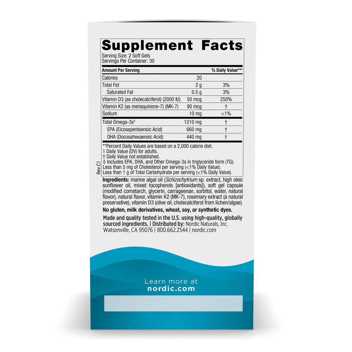 Nordic Naturals Omega-3 D3+K2 Végétal 1210mg gélules avec boîte