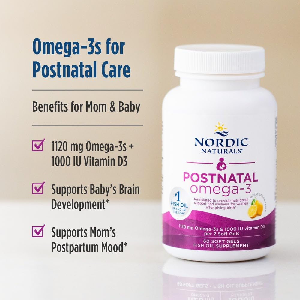 Nordic Naturals Omega-3 Postnatal capsules on a white background