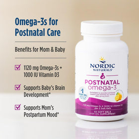 Nordic Naturals Omega-3 Postnatal capsules on a white background