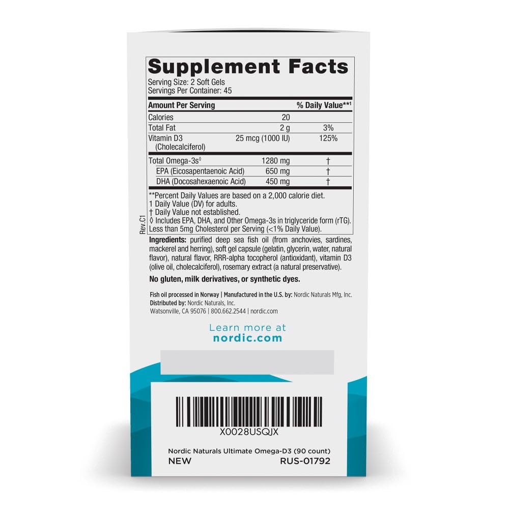 Nordic Naturals Omega-D3 1280mg 1000UI Citron gélules arrière