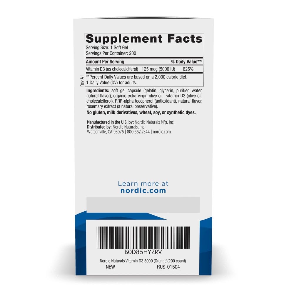 Nordic Naturals Vitamine D3 5000 IU 200 mini gélules orange - flacon ouvert
