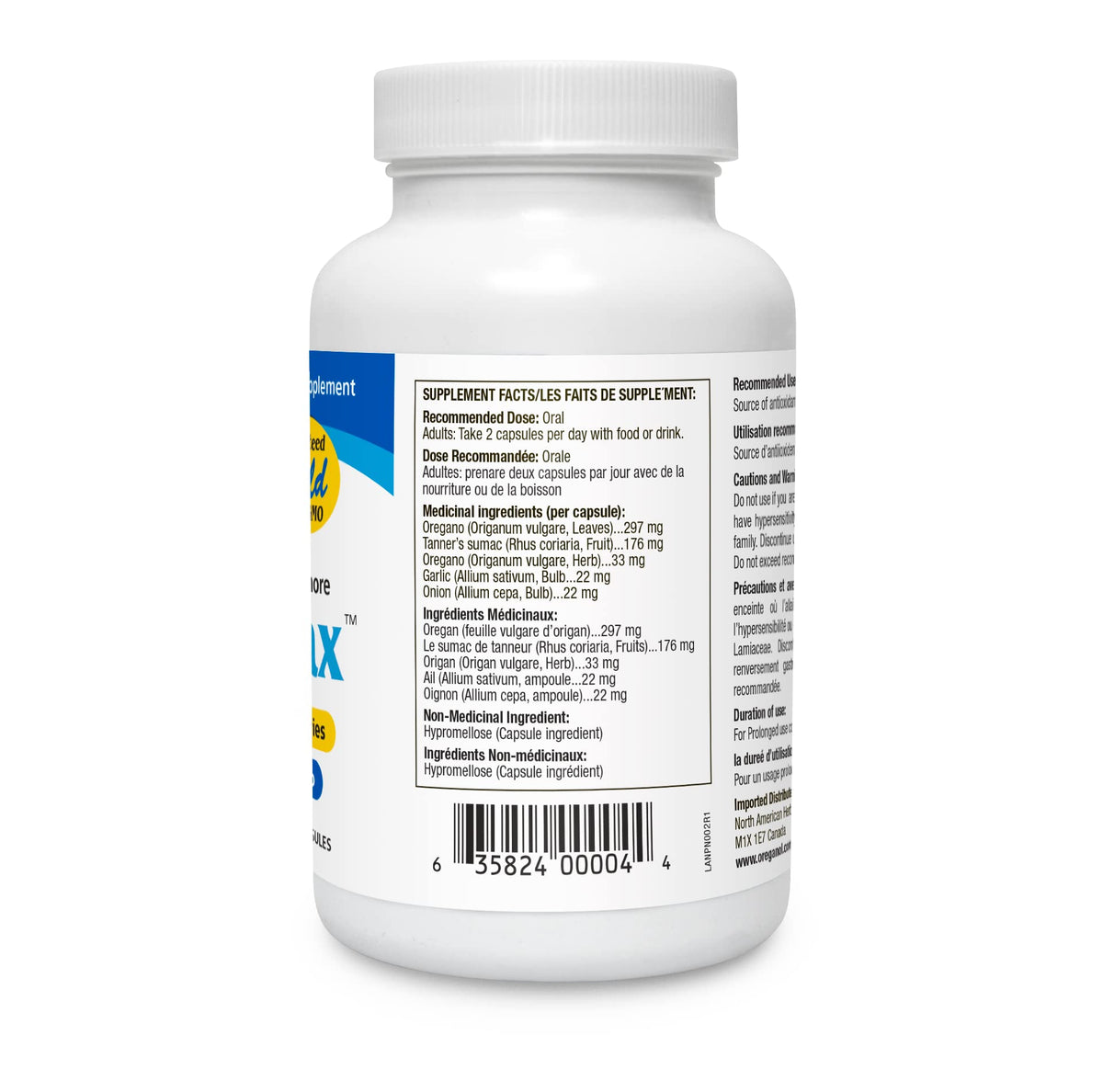 NORTH AMERICAN HERB & SPICE OregaMax 90 capsules on a wooden table