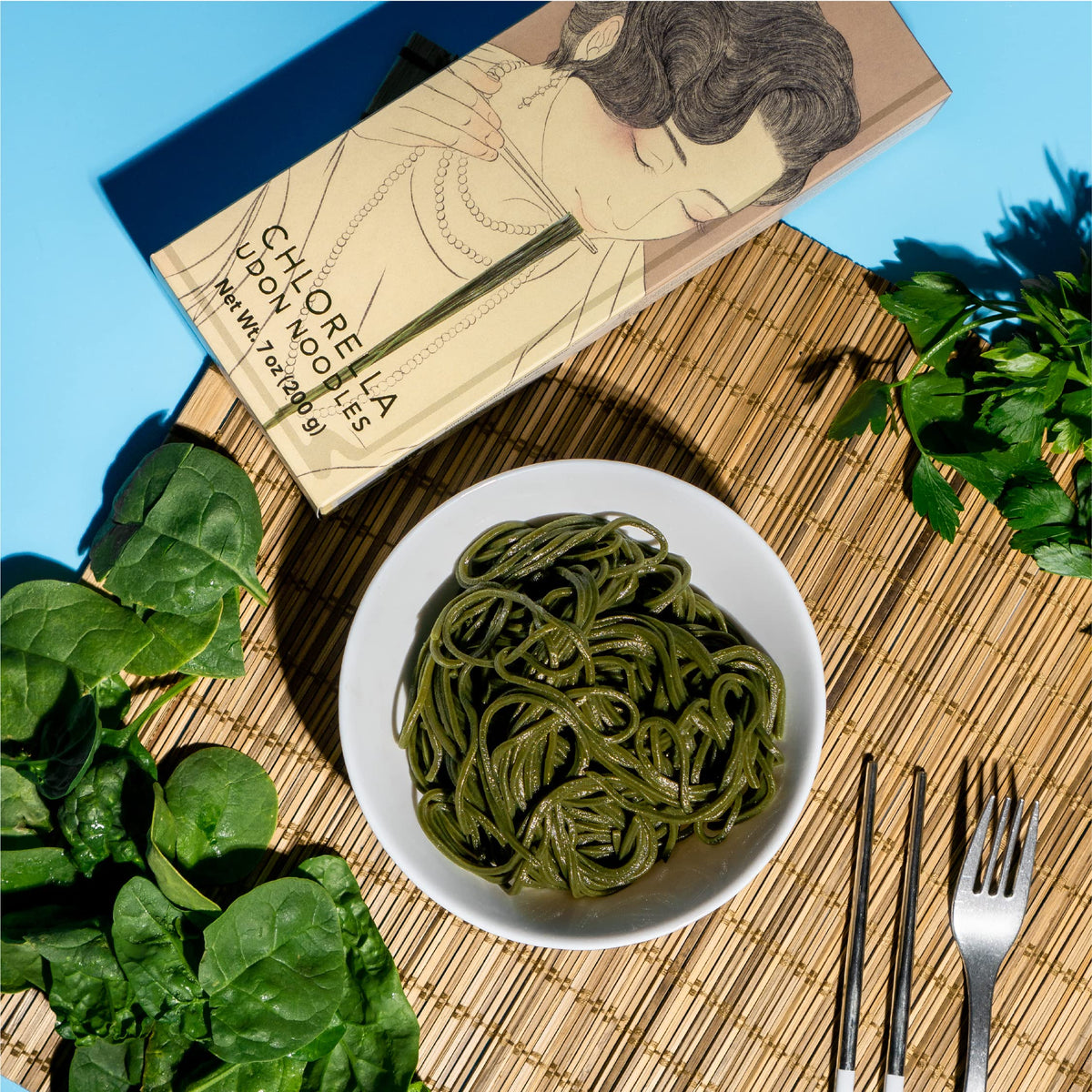 Nouilles Udon Chlorella servies chaudes avec bouillon