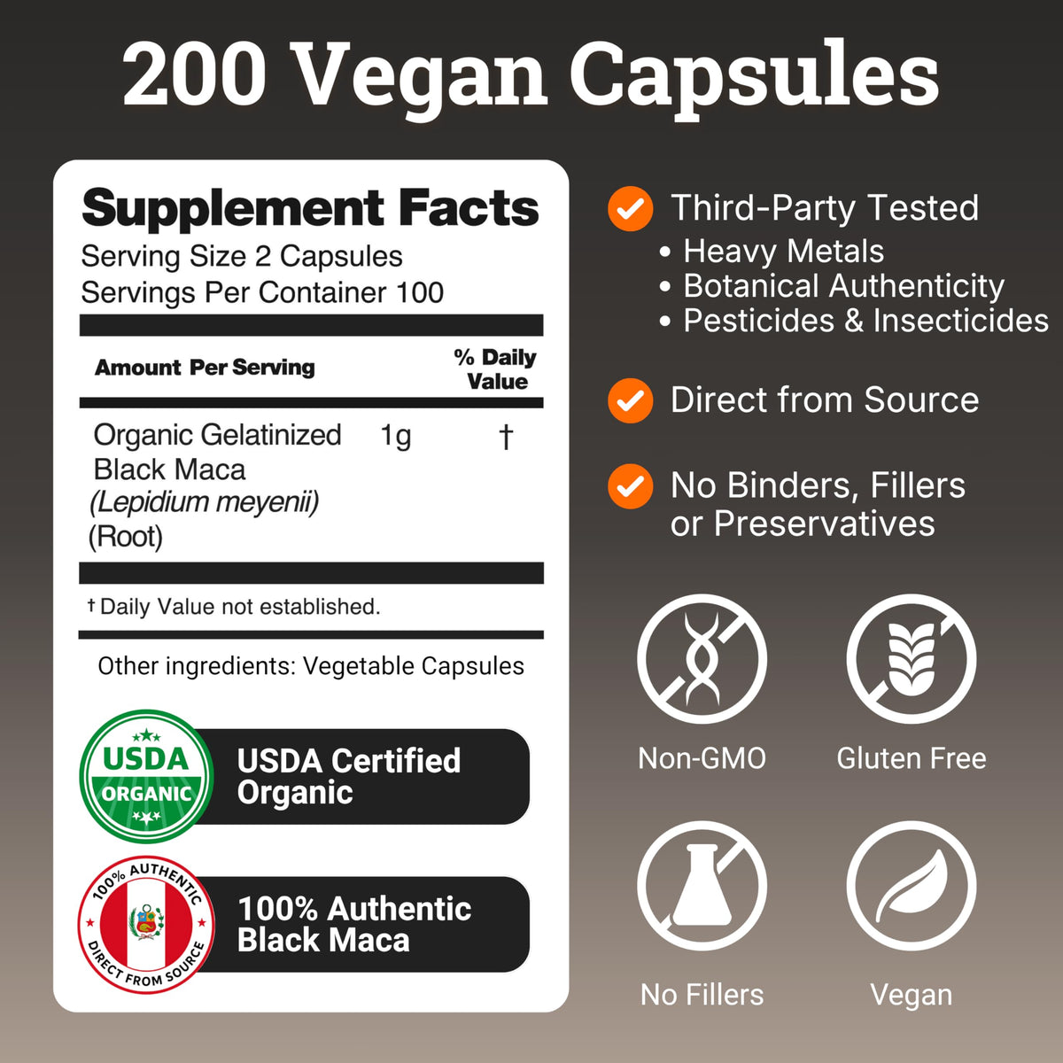 Nourishing Nutrients Gelée de Maca Noire 200 Capsules avec étiquette