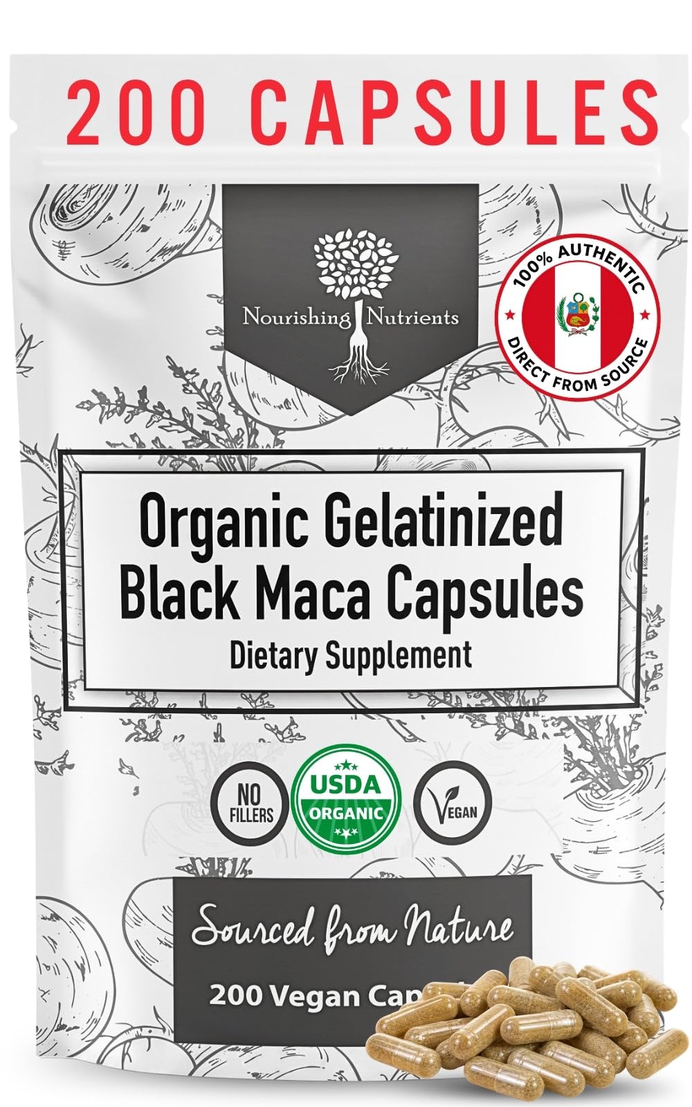 Nourishing Nutrients Gelée de Maca Noire 200 Capsules vue de face