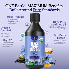 Nourishing Nutrients huile de graine de nigelle bio 250ml sur une table en bois