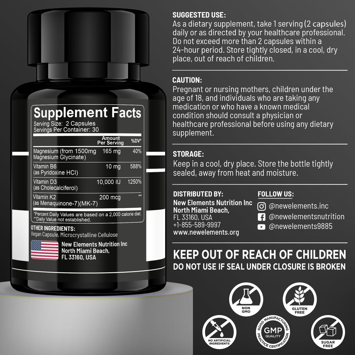 Nouvelle Elements Compléments D3 K2 Magnésium 1500mg gélules sur fond clair