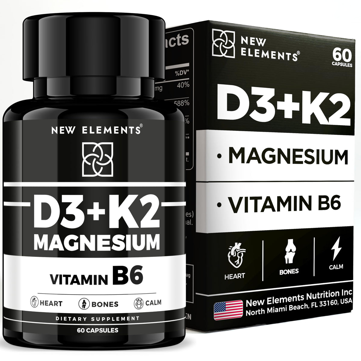 Nouvelle Elements Compléments D3 K2 Magnésium 1500mg vue de face