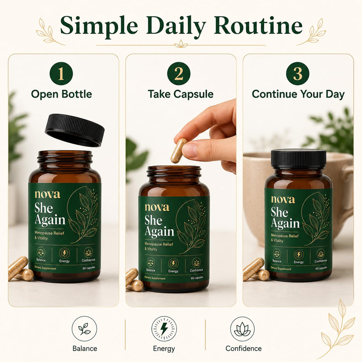 Nova Her Again capsules ouvertes montrant la taille