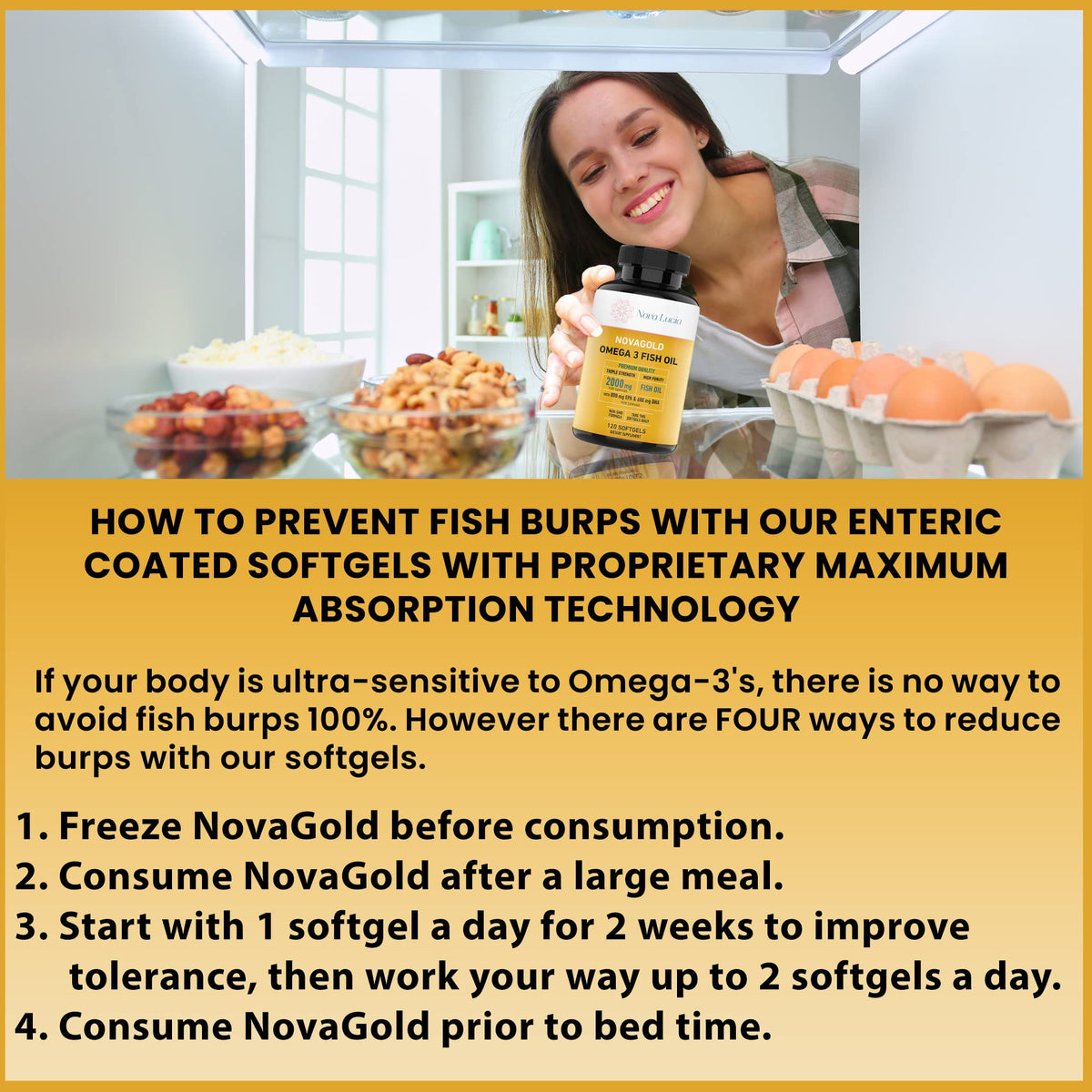 Nova Lucia Omega 3 capsules liquides avec étiquette de dosage