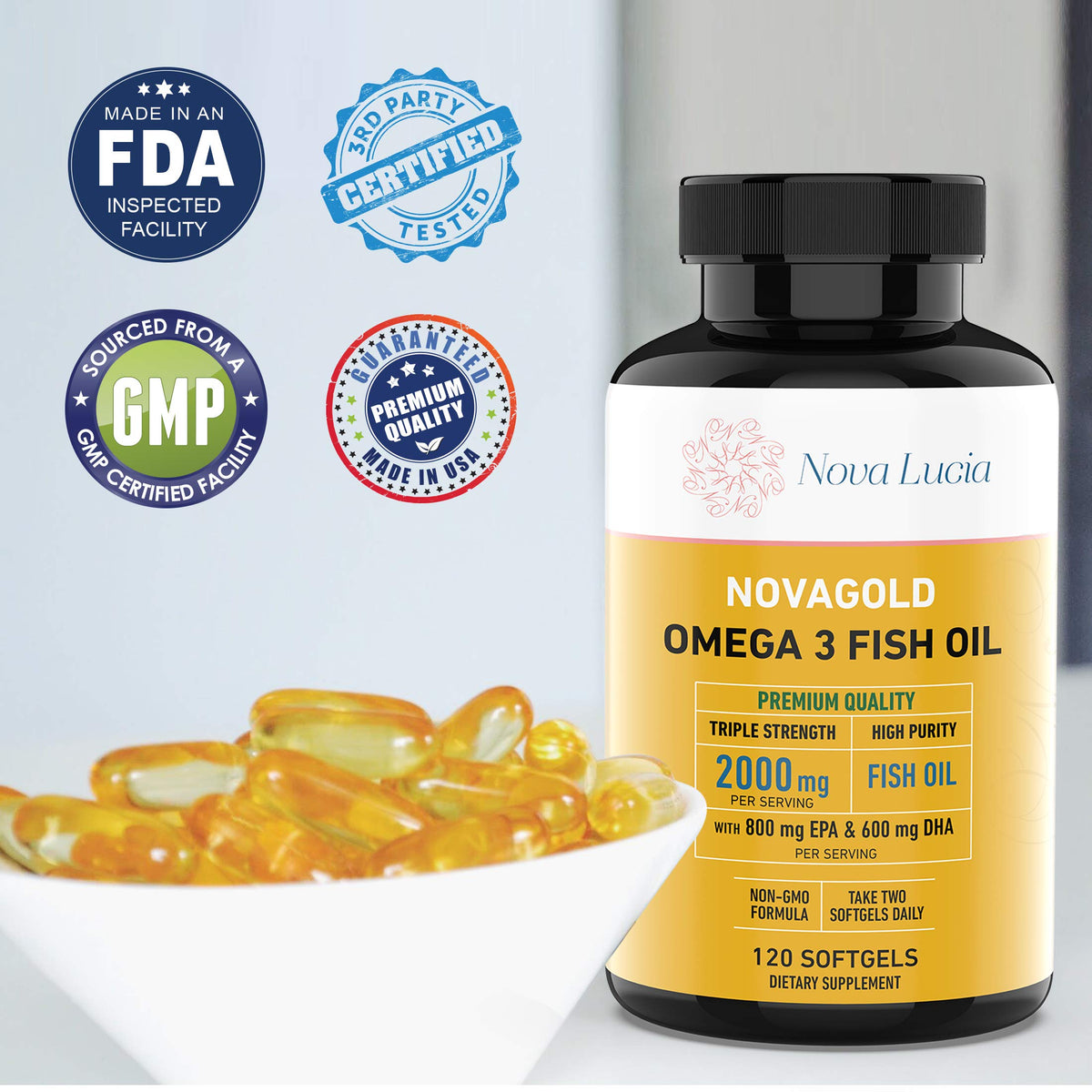Nova Lucia Omega 3 huile de poisson avec ingrédients mentionnés