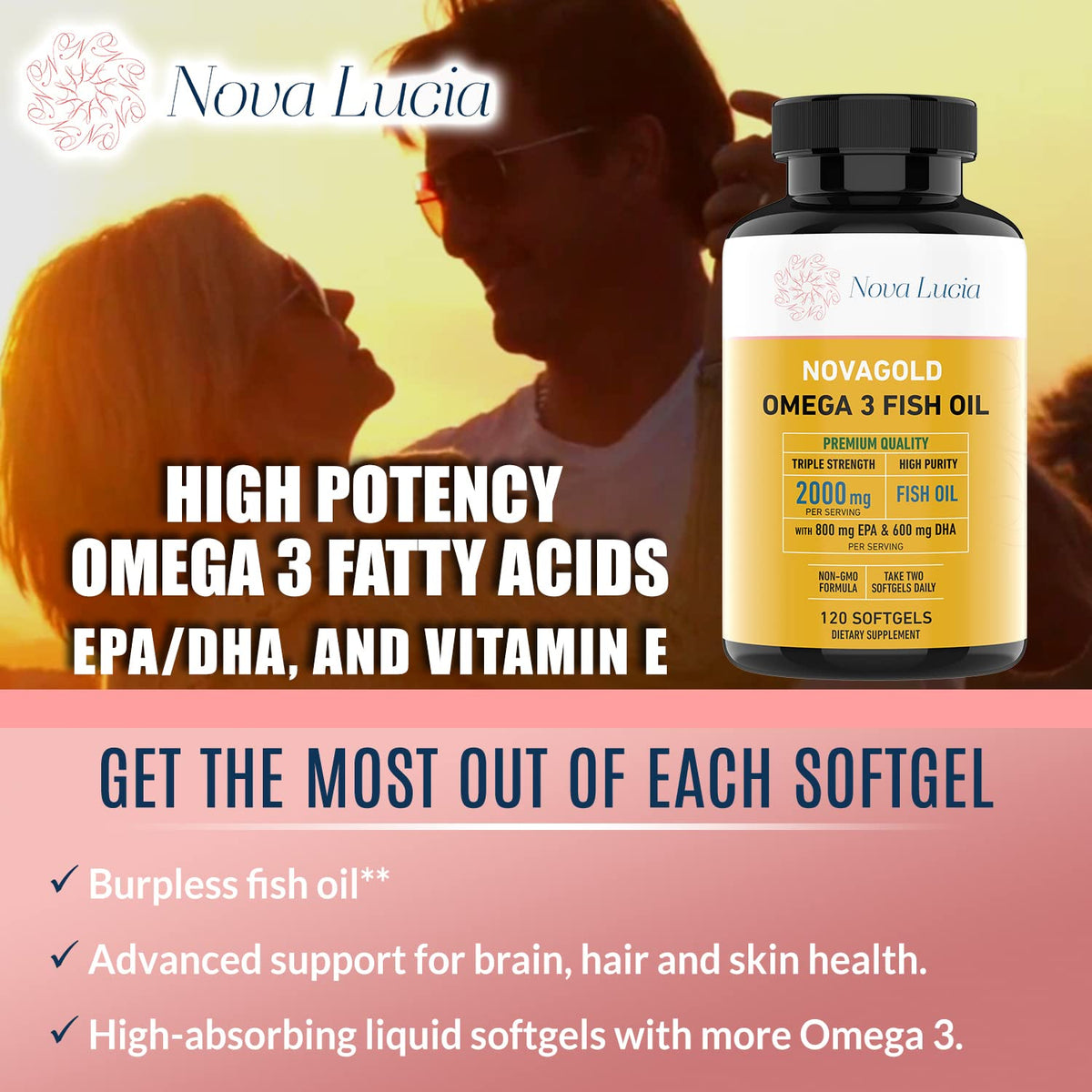 Nova Lucia Omega 3 huile de poisson capsules ouvertes