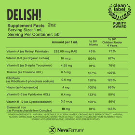 NovaFerrum Delish multivitamine 50 mL étiquette détaillée