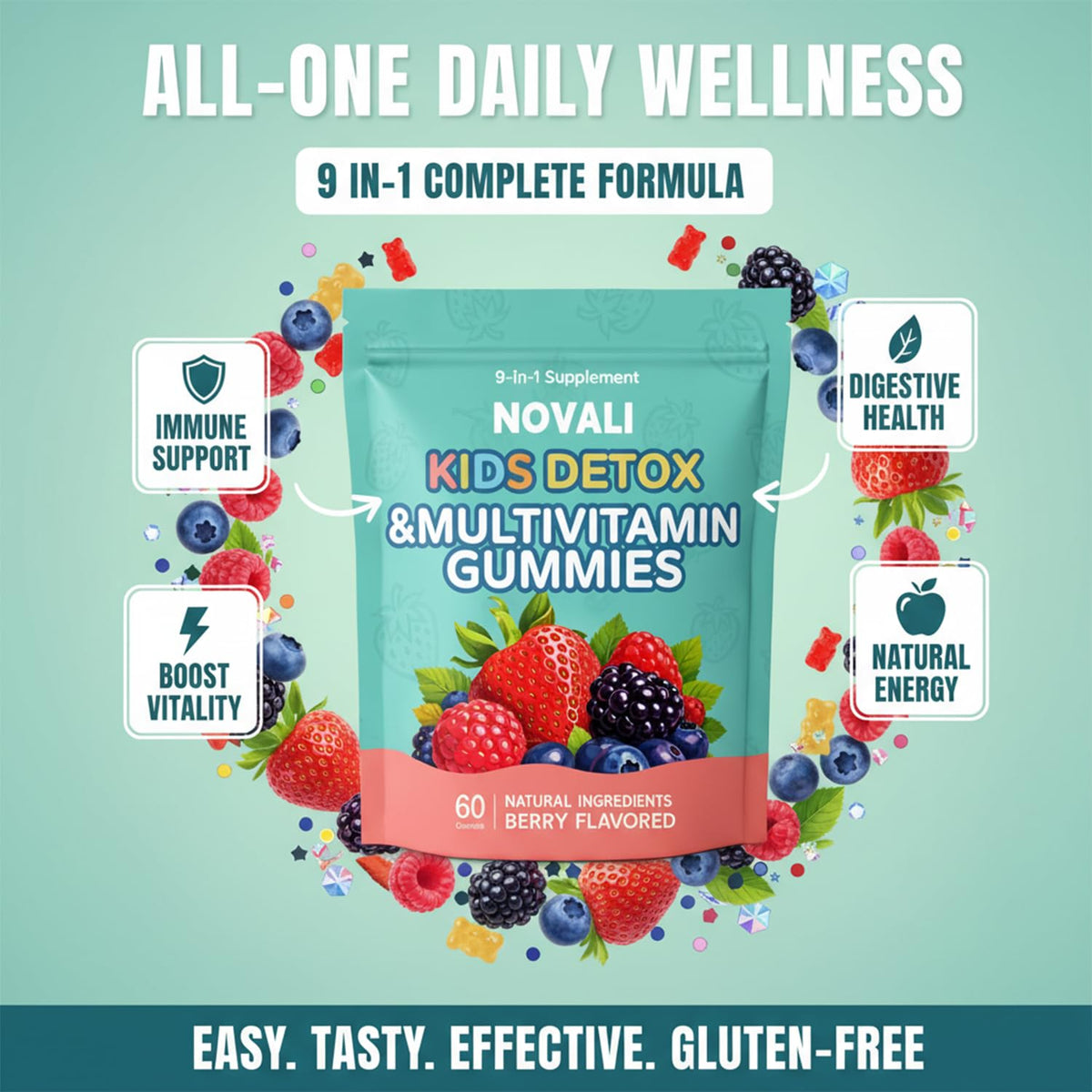 Novali Health Gummies Multivitamines Enfants 9-en-1 à côté d'un verre d'eau