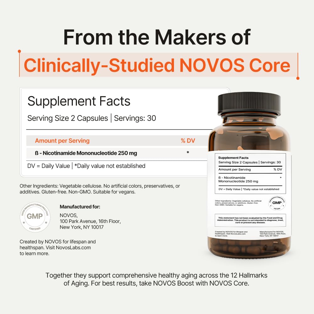 Novos NMN 250mg avec une main tenant le flacon