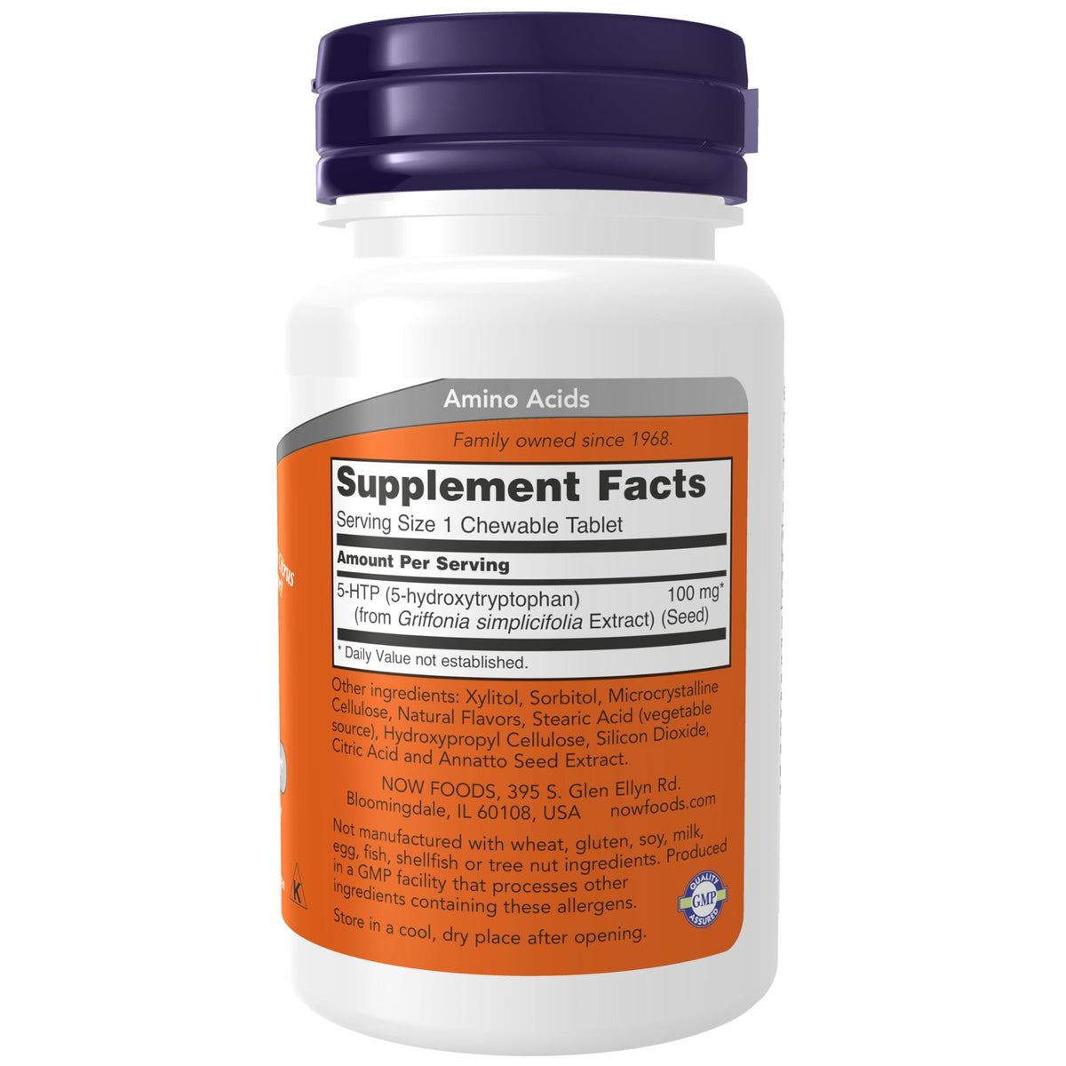 NOW Foods 5-HTP 100 mg emballage avec 90 chewables